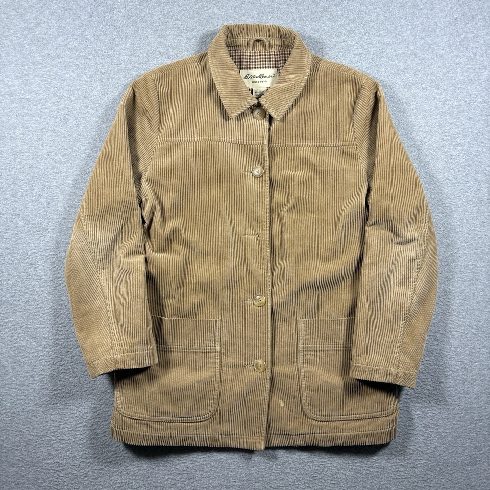 Vintage Eddie Bauer Corduroy Barn Coat Jacket Mens Small Tan Plaid Lined Cottage